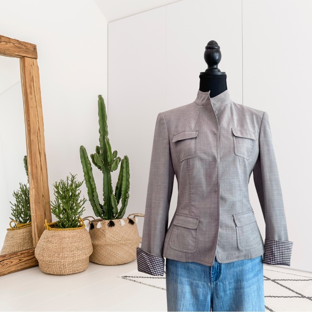 Elie Tahari Snap Button Close Contrast Hem Wool Blend Blazer Jacket